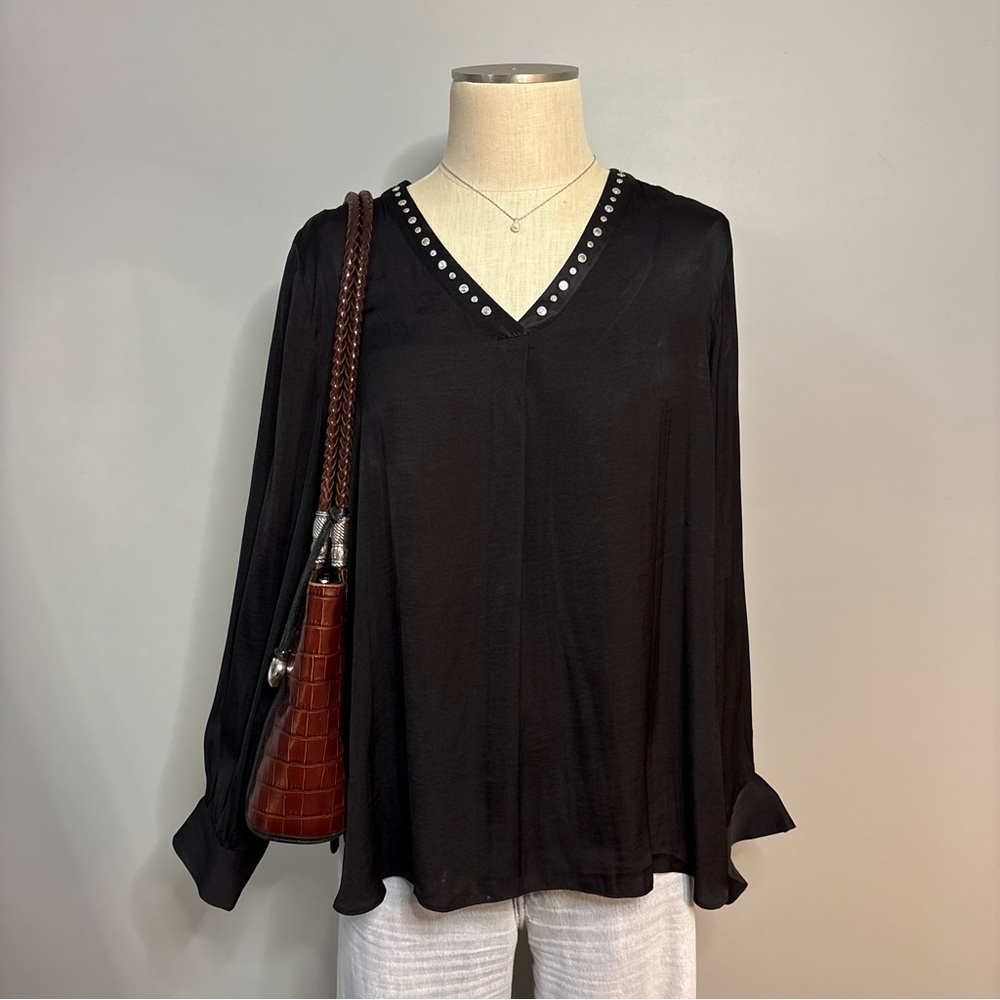 Catherine Malandrino Black Studded V-Neck Blouse